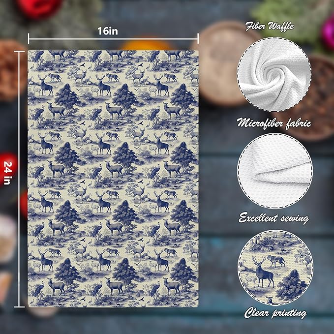 Blue Chinoiserie Forest Animal Deer and Bird Print Decor Hand Towels,Blue and White Farmhouse Animal Decorative Hand Towel for Bath Room Washroom Restroom, 16x24 Inch