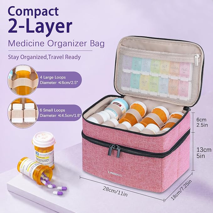Lexeeco Dual Layers Medicine Pill Bottle Organizer Bag with Lockable Zipper | Portable Medication Bag for Pills,Vitamins,Fish Oil,Medicine Storage Box for College Dorm Student,Home,Large Travel Pill Case
