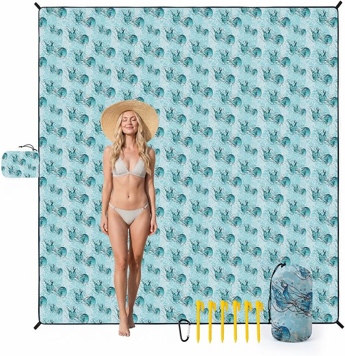 OIGAE Beach Blanket Waterproof Sandproof Oversized Beach Mat | Picnic Mat with Stakes, Storage Bag - Essentials for Outdoor Beach, Picnic,Quick-Dry Lightweight,Windproof Pockets