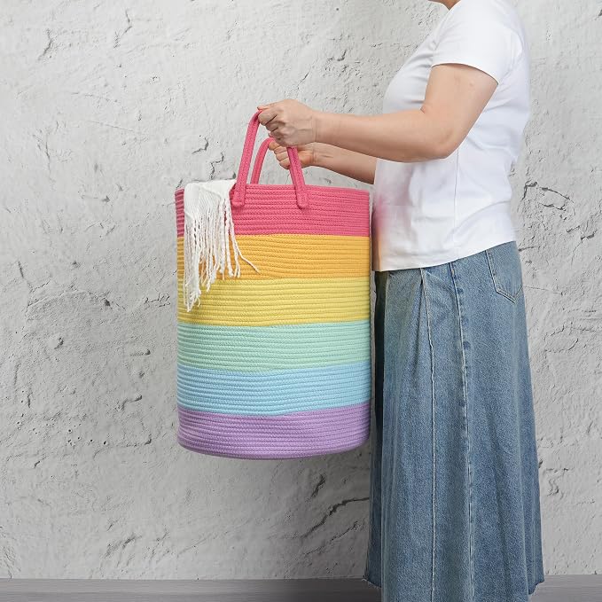 Woven Cotton Rope Laundry Basket, 15" x 20" Laundry Hamper, Rainbow | Rope storage basket for dirty clothes, toys and blankets. Perfect for bathroom, baby nursery and living room storage.