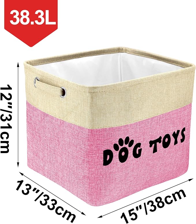 PET ARTIST Dog Toy Basket, Large Collapsible, Pink, L:15"x13"x12" | Dog Toy Bin Box, Comfortable Handles, Large Pet Toy Storage Organizer, For Accessories, Toys, Coat & Clothing, Blanket Leash