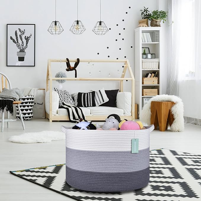 Large Cotton Rope Blanket Basket, 87L Laundry Hamper, White & Gray