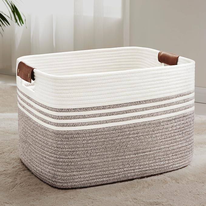 86L Woven Laundry Basket Hamper with Leather Handles,Dark Brown | collapsible wicker hamper, storage for dirty clothes, toys, blankets, gifts, living room, bedroom, bathroom, 24"x16"x14"