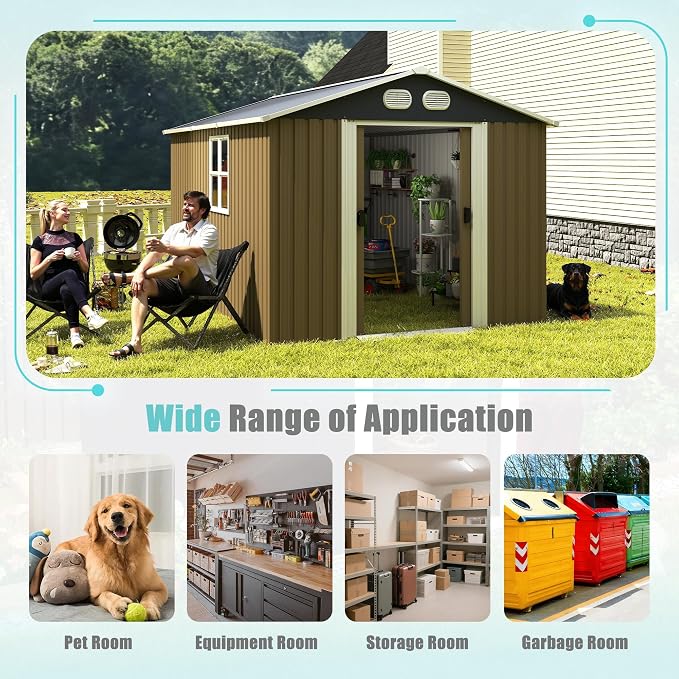 8x12 FT Outdoor Storage Shed, Metal Storage Shed with Lockable Door & Air Vents, Heavy-Duty Storage Tool Shed for Garden, Lawn, Backyard, Brown