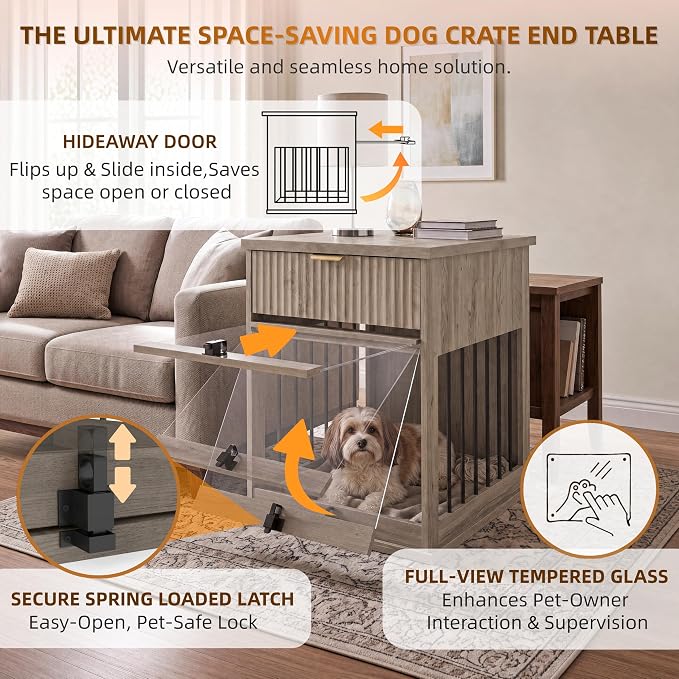23.6" Small Dog Crate End Table with Charging Station, Dogs Kennel Furniture with Tempered Glass Door and Drawer, Wooden Decorative Dog Crates for Small Medium Dogs, Grey Oak