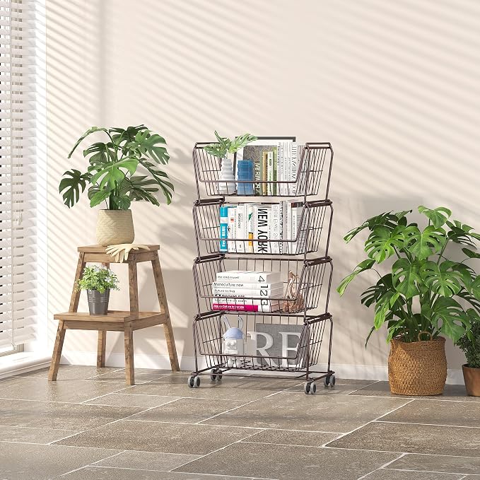 PUSDON 4-Tier Large Stackable Wire Storage Baskets with Wheels, Metal Rolling Utility Cart Organizer, Produce Basket for Kitchen Pantry, Floor Shelf, Vintage Bronze