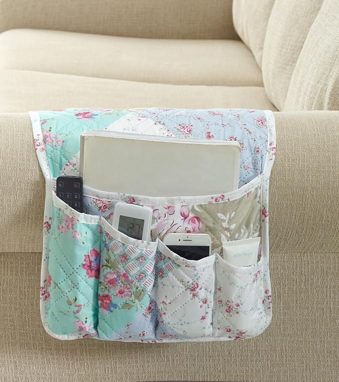 Brilliant Sunshine Blue & Green Roses Couch Armrest Cover, 35"×13" | Washable Magazine Holder, Armrest Organizer & Caddy on Sofa, Recliner, Armchair, Storage for Remote Controls, Phone, iPad