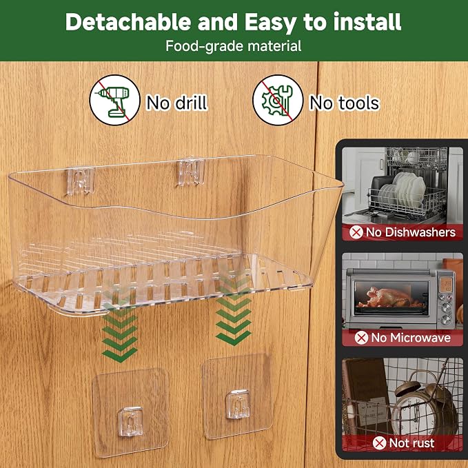 8-Pack Adhesive Pantry Organizers and Storage, Large Cabinet Door Organizer | 11.4" Long, Space Saving, Drain Bottom, Clear Plastic Storage Bins for Kitchen, Bathroom, Refrigerator, Countertop,Under Sink
