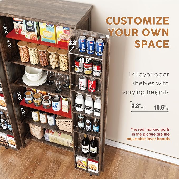 Furnaza Farmhouse 72" H Kitchen Pantry Cabinet with Adjustable Shelves | LED Craft Storage Cabinet Cabinet with 2 Barn Doors for Craft Room,Dining Room,Living Room,Home Office,16"D x 30"W