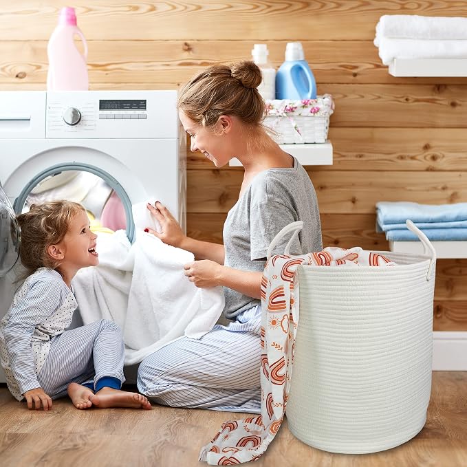 XUANGUO White Cotton Rope Laundry Basket Hamper for Clothes Large | Baby Nursery Hamper Bin Decorative Woven Storage Basket for Living Room Bedroom Boho Tall Rope Baskets for Blanket Toys