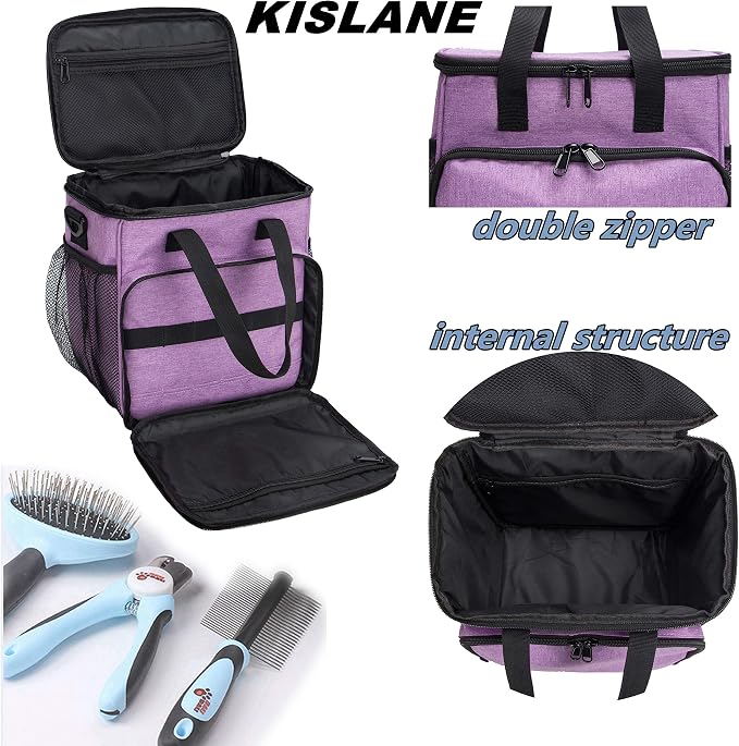 Pet Grooming Storage Bag, Organizer for Dog & Cat Supplies (Purple) | Roomy tote organizes cat and dog grooming tools. Tools not included. Multiple pockets.