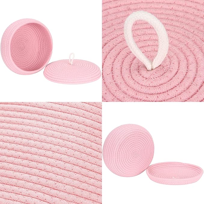 Sea Team Round Woven Cotton Rope Storage Basket with Lid, Pink | Lidded Knitted Decorative Storage Bin, Pot, Caddy, Organizer, Container for Snacks, Towels, Plants, 10 x 4.5 Inches
