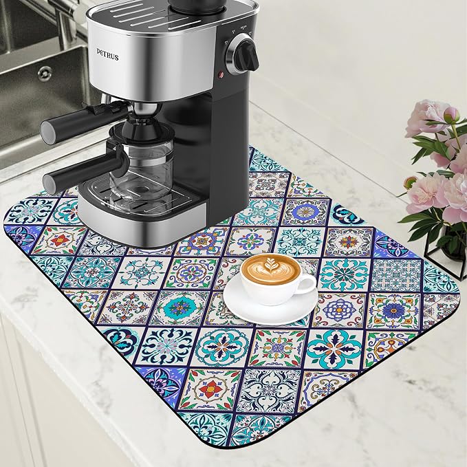 Colorful Tiles Dish Drying Mat for Kitchen Counter Coffee Mat Hide Stain Absorbent Non-Slip Rubber Backed Drying Rack Pad Espresso Machine Coffee Bar Accessories 11.8 x 19.7 Inch