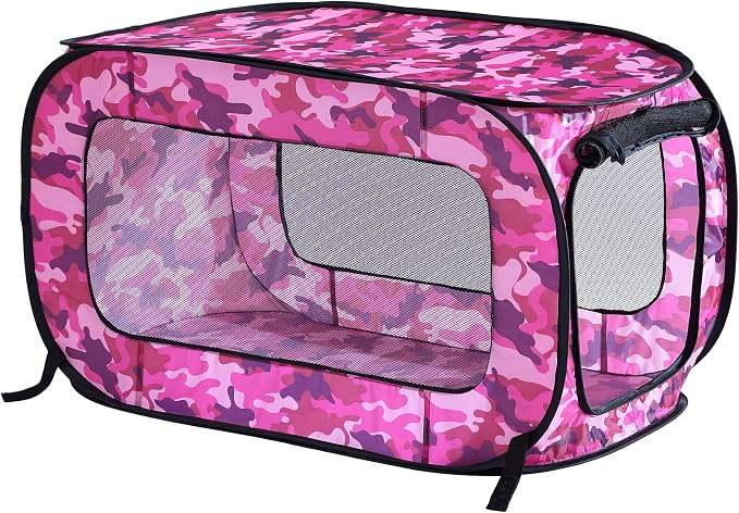 Portable Collapsible Pop Up Kennel, 36" L x 22" W x 22" H, Camo Pink | Collapsible indoor/outdoor travel cat and dog crate with mesh screen windows pops up and folds flat for easy storage