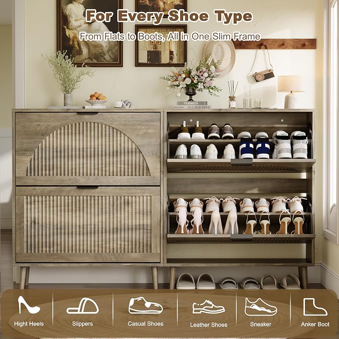 Shoe Storage Cabinet with 2 Flip Drawers, Narrow Wood Shoe Organizer Cabinet with Fluted Panel, Slim Shoe Rack for Entryway, Freestanding Shoe Cabinet for Living Room, Hallway, Grey