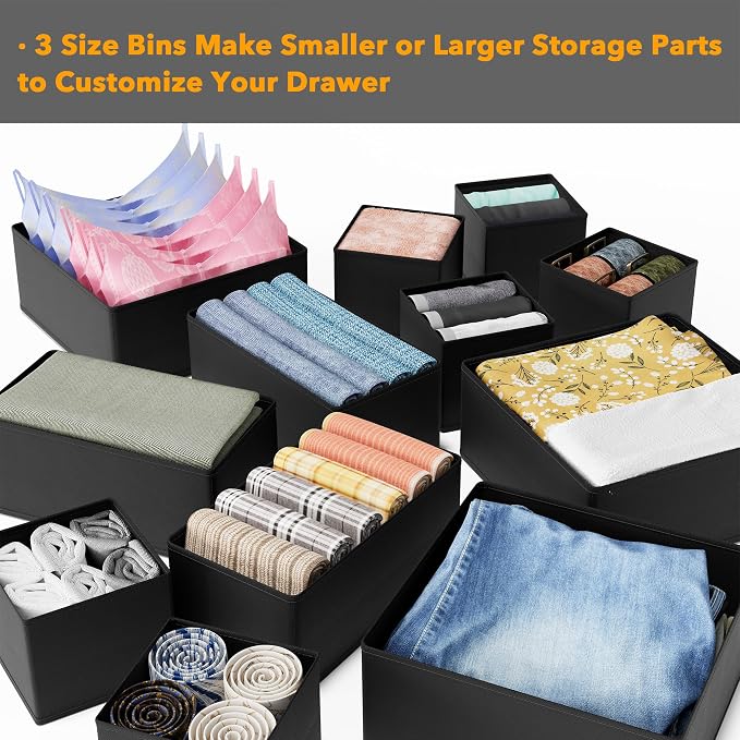 SpaceAid Drawer Organizer Clothes, 12 Pack Dresser Organizer Bins for Nursery, Closet Organization and Storage Dividers for Clothing, Baby Clothes, Underwears, Socks (Black)