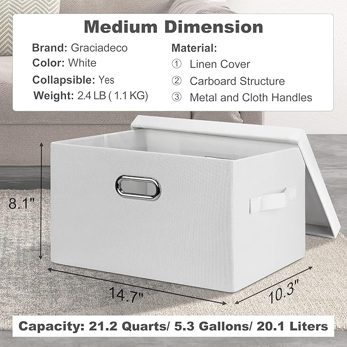Graciadeco Medium 15" 21 Quart Collapsible Stackable Storage Bins with Lids, 1 Pack White Foldable Fabric Closet Storage Boxes with Lids, 4 Handles Heavy-duty Linen Cube Baskets for Bedroom | 21 Quart 1 Pack White Collapsible Stackable Linen Fabric 4 H...