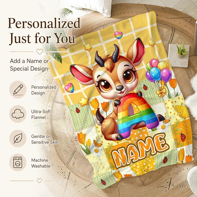 Blanket for Girls Custom Deer Throws, Personalized Animal Blanket for Kids | Custom Monogram Present, Multiple Sizes, Bed Blanket, Easy Care, Sofa Throw