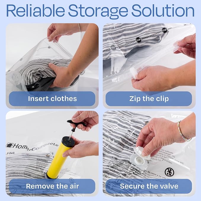 20 Vacuum Sealer Bags – Compression Bags for Travel, Clothes, and Blanket Storage – Airtight Space Saver Pouches in 4 Sizes and Pump by Home-Complete