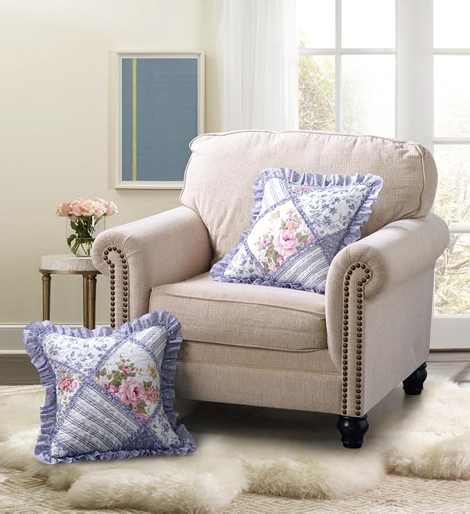 Brilliant Sunshine Rose Violet Ruffle Pillowshams Set, 18"x18" | Patchwork Design with Ruffles, Quilted Pillow Covers, Washable Throw Cushion Cases for Couchs and Beds, Pack of 2