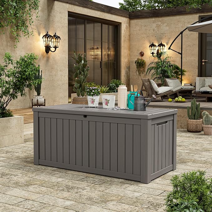 Outdoor Storage Box, 155 Gallon Large Outdoor Resin Deck Box, Storage Waterproof Boxes Lockable Lid for Garden Tools, Pool Supplies, Patio Furniture and Cushions, Grey