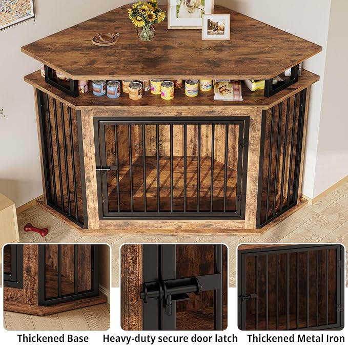 IRONCK 51" Large Corner Dog Crate Furniture with 2-Tier Storage Shelves | 10mm thickened iron frame. 2-tier shelves and 200 lb top. Space-saving design. 26.7" L x 51.2" W x 33.5" H. Rustic Brown