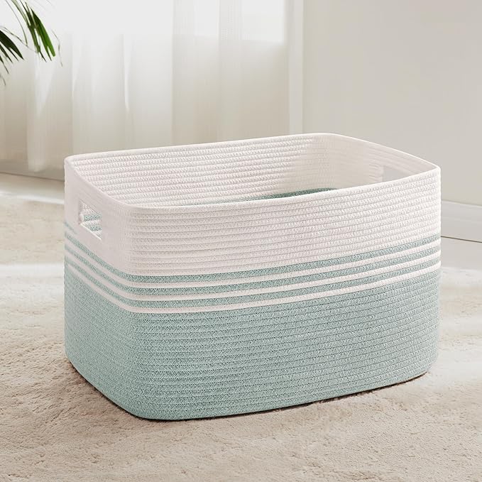 72L Large Woven Laundry Basket Hamper with Handles, Green | collapsible wicker hamper, storage for dirty clothes, toys, blankets, gifts, living room, bedroom, bathroom, 22"x17"x12"