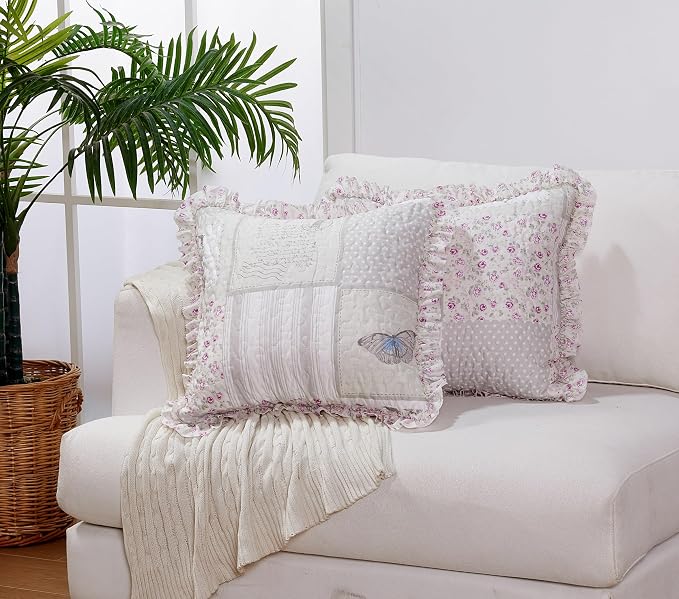 Brilliant Sunshine Grey Cupid & Pink Roses Ruffle Pillowshams Set, 18"x18" | Patchwork Design with Ruffles, Quilted Pillow Covers, Washable Throw Cushion Cases for Couchs and Beds, Pack of 2