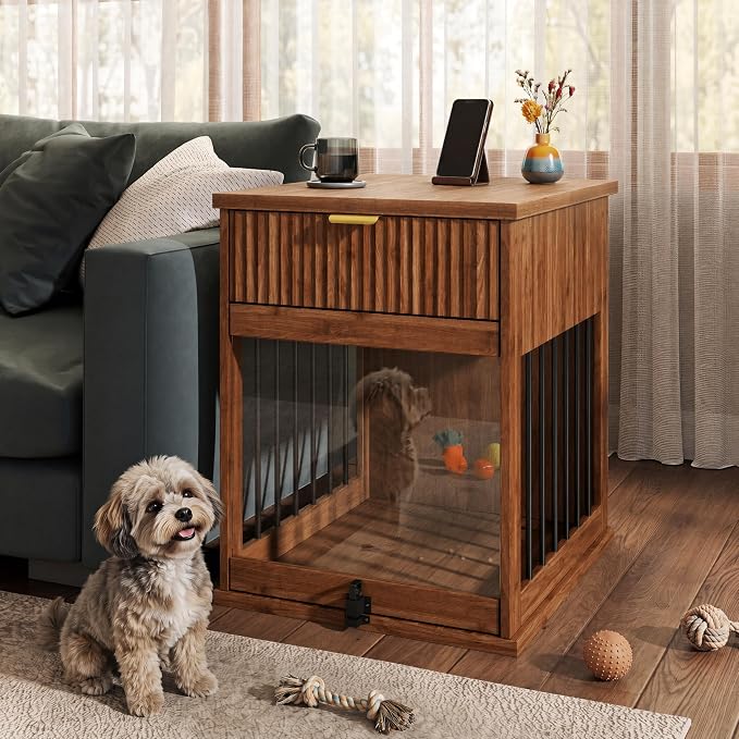 Dog Crate End Table w/Charging Station, Glass Door, Storage Drawer | Smart 3-in-1 design with built-in power hub.hideaway tempered glass door & deep drawer.Sturdy MDF build for small dogs.
