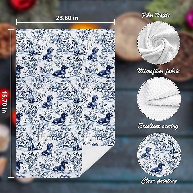 Chinoiserie Dachshund Kitchen Towels Set of 2, Blue and White Floral Botanical Dachshund Decorative Dish Tea Towels, Grandmillennial Weiner Dog Hand Towels for Kitchen Bathroom, 16x24 Inch