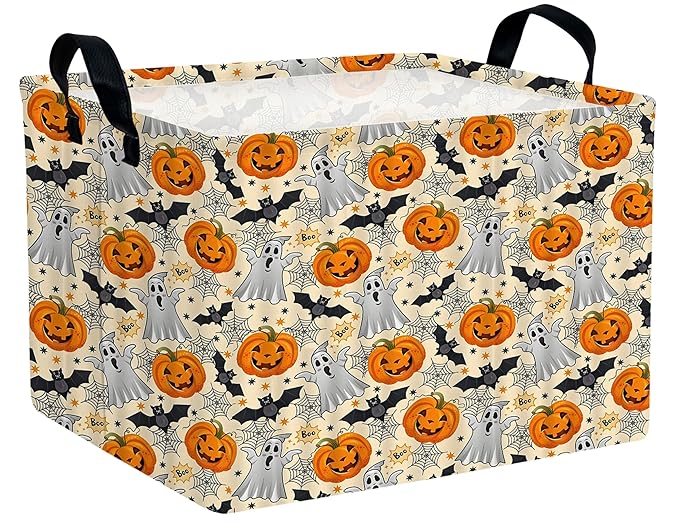 Large Halloween Themed Candy Gift Boo Basket for Kids Baby Personalized Adults Storage Bin Fall Decor(Boo Bat Pumpkin Spooky)