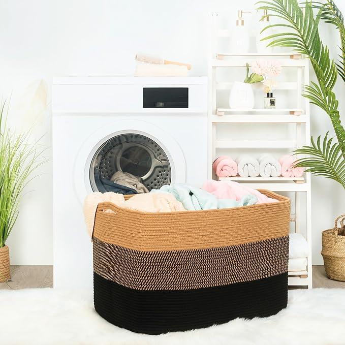 112L Extra Large Blanket Basket Holder Living Room, 25"x17"x16" Rectangle Rope Woven Storage Basket with Handles for Laundry, Pool Towels, Shoes, Dog Toy Organizer Bin Box, Black Jute