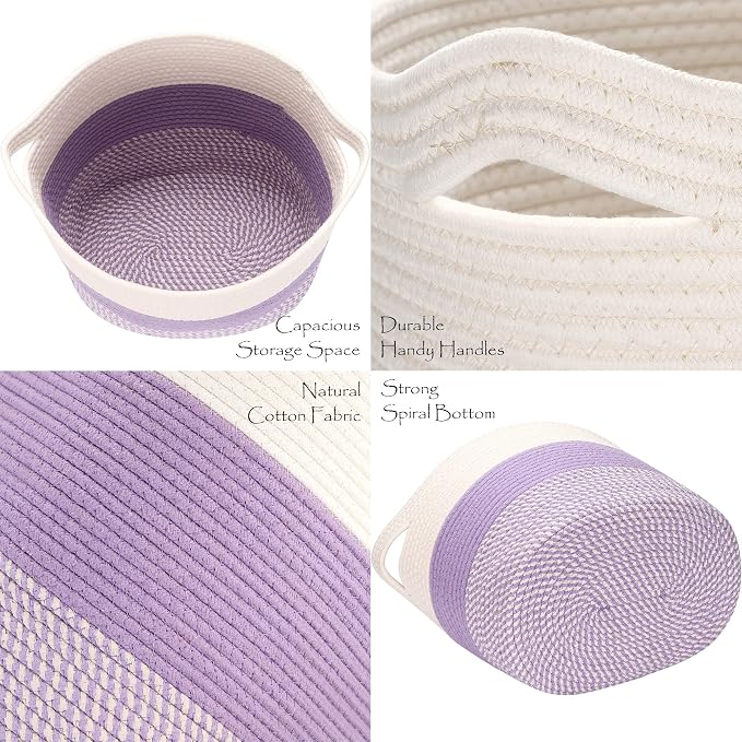 Sea Team Oval Large Cotton Rope Woven Storage Basket with Handles, White & Mottled Lavender, 16 x 13 inches | Collapsible Knitted Hamper, Closet Shelf Organizers, Containers for Clothing, Blankets, Toys, Bedding, Mottled Lavender
