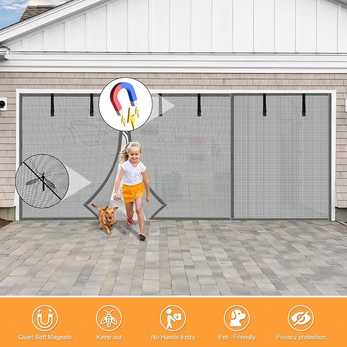 LIAMST Privacy Garage Door Screen Blackout for 2 Car Garage-16X9FT Privacy Silver Grey Heavy Duty Magnetic Garage Screen, Hands Free, Magnetic Privacy Garage Screen Door