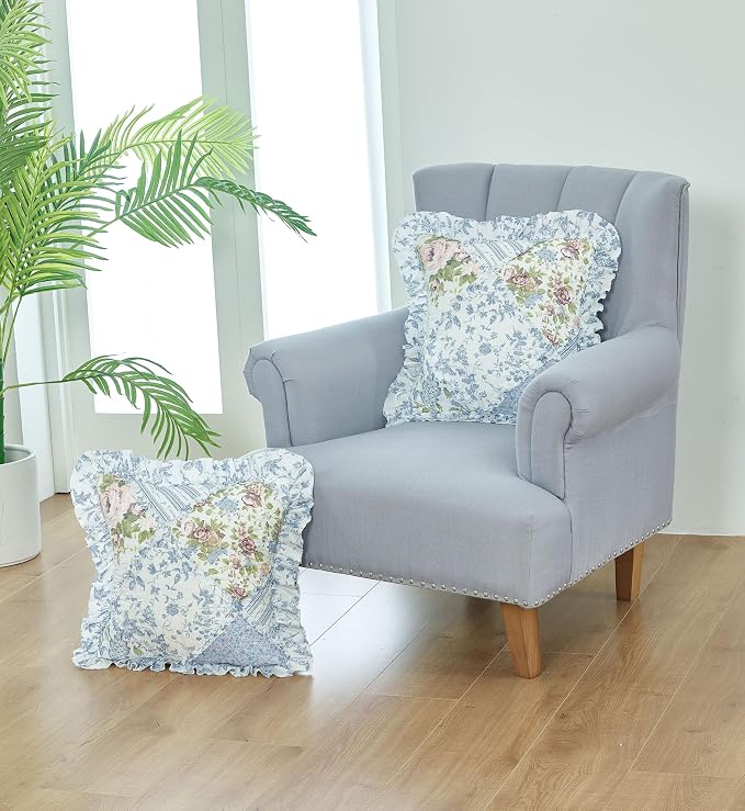 Brilliant Sunshine Blue Roses Ruffle Pillowshams Set, 18"x18" | Patchwork Design with Ruffles, Quilted Pillow Covers, Washable Throw Cushion Cases for Couchs and Beds, Pack of 2
