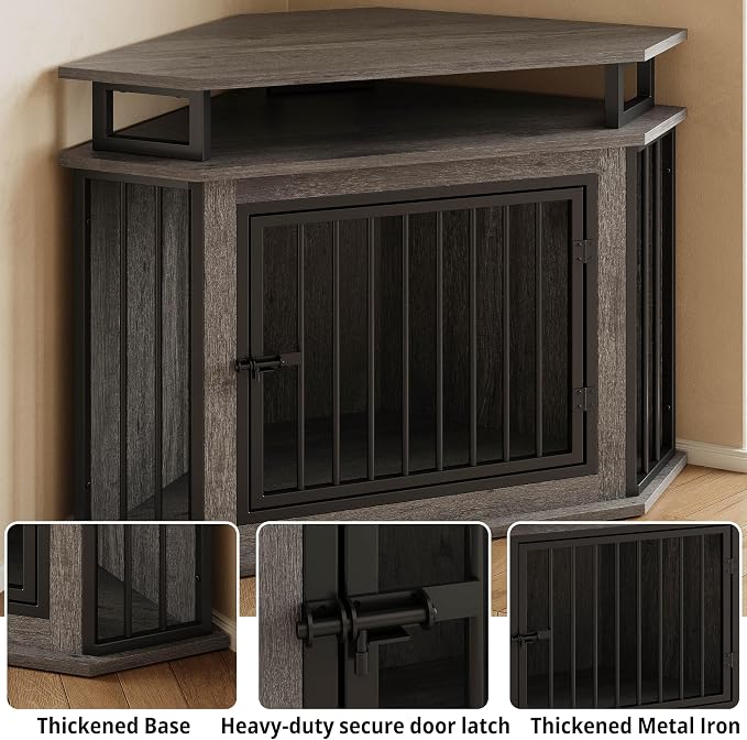 IRONCK 43.3" Corner Dog Crate Furniture with 2-Tier Shelves Gray | 10mm thickened iron frame. 2-tier storage shelves and 180 lb tabletop. 23.6"L x 43.3"W x 32"H. Space-Saving Indoor crate.