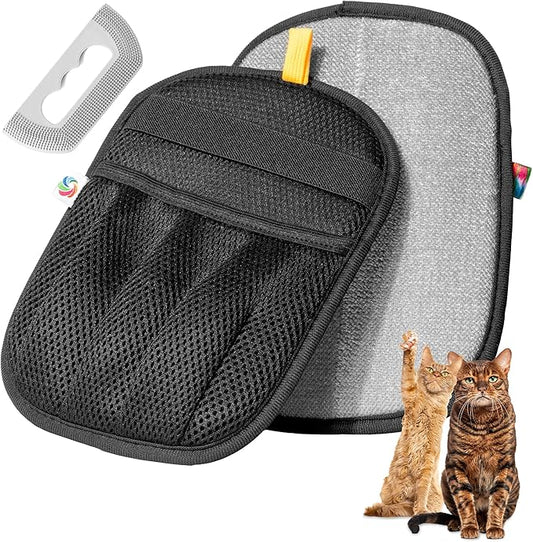 Pet Hair Removal Gloves for Dogs & Cats | Electrostatic Reusable Fur Remover Mitt for Furniture, Carpet & Clothes, Couch Car| Pet Fur Cleaning Tool with Carpet Scraper (Black - 2 Pcs)