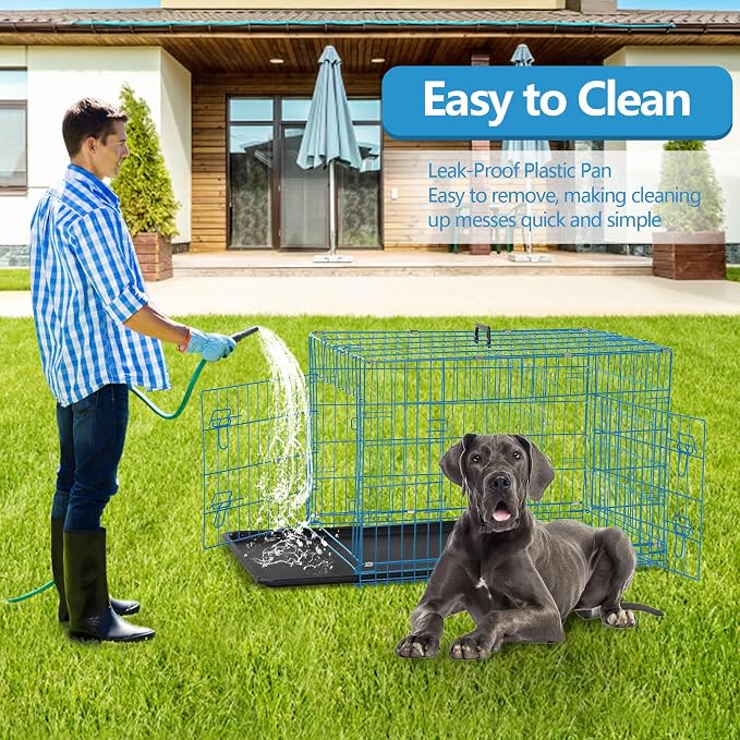 Heavy Duty Large Dog Crate, 48 Inch Dog Crates for Large Dogs, Metal Wire Folding Dog Cage with Removable Trays, Locks, Double-Door, Divider Panel, Handle, XXL Dog Crate Pet Crate (48 in, Blue)