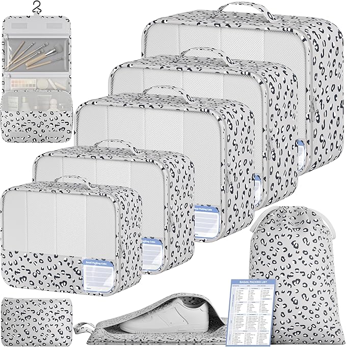 BAGAIL 9 Set Packing Cubes with Packing List Luggage Packing Organizers for Travel Accessories (Grey leopard)
