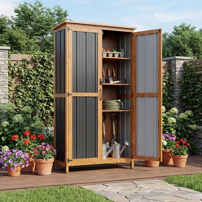 Devoko Metal & Wood Weatherproof Garden Storage Tall Shed with 3 Adjustable Shelves, Lockable Outdoor Patio Cabinet, Waterproof Yard Organizer for Lawn Gear and Garden Tools, Black