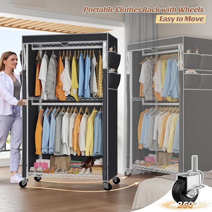 Raybee Clothes Rack with Cover, Rolling Portable Closet, 2 Rods & 2 shelves | Heavy Duty, Tool-free Assembly, Adjustable, Lockable Wheels, Freestanding, Covered, Zippered, Saving Space for Bedroom,Dorm