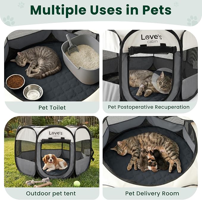 Love's cabin Dog Playpen with Washable Pee Pad, Puppy Pet Cat Playpen Small Dogs Tent Crate Indoor/Outdoor, Portable Pop Up Kennel with Carrying Case for Cats/Rabbits(Grey,Small with pad)