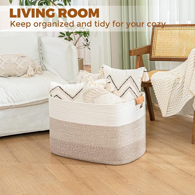 danpinera Rectangle Blanket Storage Basket, Large Blanket Basket Living Room, Nursery Nin for Toys, 50 L Large Woven Storage for Toy Organizing & Laundry, 18.11’’*14.17’’*11.81’’, Gradient Brown