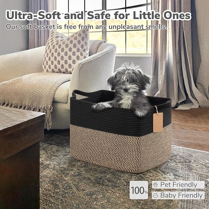 Goodpick 50L Large Woven Storage Basket for Organizing, Black & Jute | 18" × 14" × 12" Stylish Gift Basket for Living Room & Bedroom Organization, Wicker Baskets for Shoes & Toys Storage