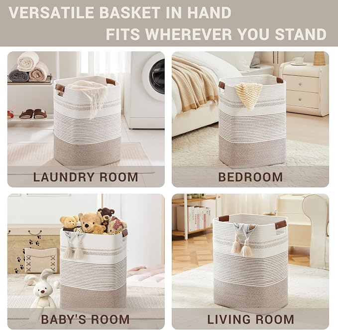 85L Tall Woven Laundry Basket Hamper with Leather Handles,Brown | collapsible wicker hamper, storage for dirty clothes, toys, blankets, gifts, living room, bedroom, bathroom, 17"x14"x22"