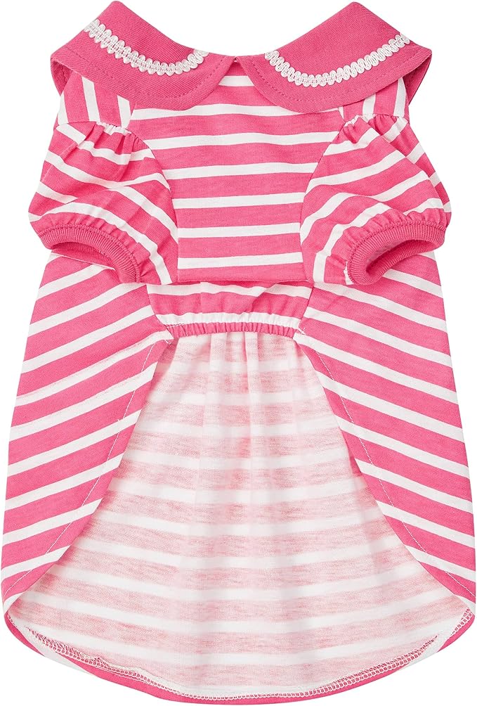 Blueberry Pet Sea Lover Rose Pink Striped Cotton Blend Dog Dress with Bowtie, Back Length 12", Pack of 1 Clothes for Dogs