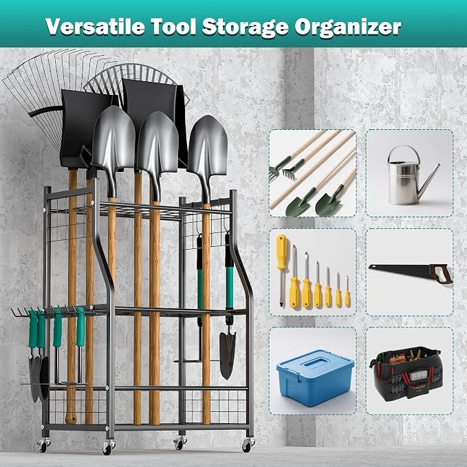 EVERHANGER Garden Tool Organizer Stand, Garage Tool Storage Organization | Yard Tool Racks with lockable wheels, Fit for Long-Handled Tools/Rakes/Brooms, Indoor/Outdoor Use