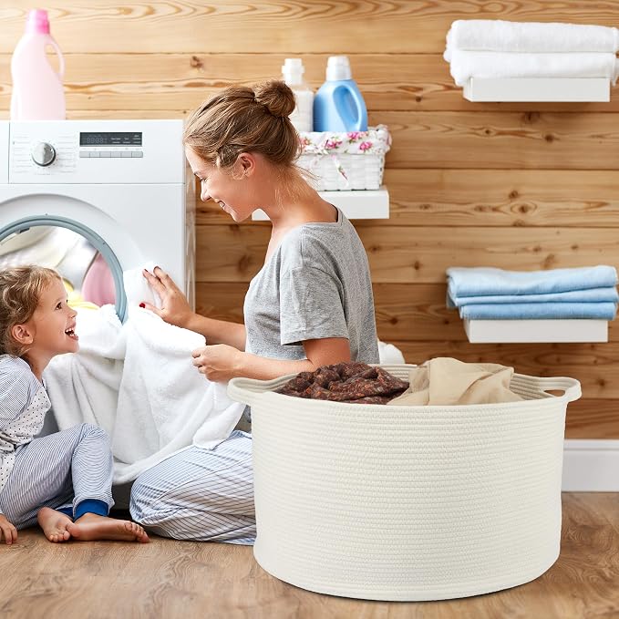 XUANGUO Extra Large Cotton Rope Round Storage Basket 22" x 14" White | Woven basket for blankets, toys, towels, laundry, nursery, living room and pet toy storage.