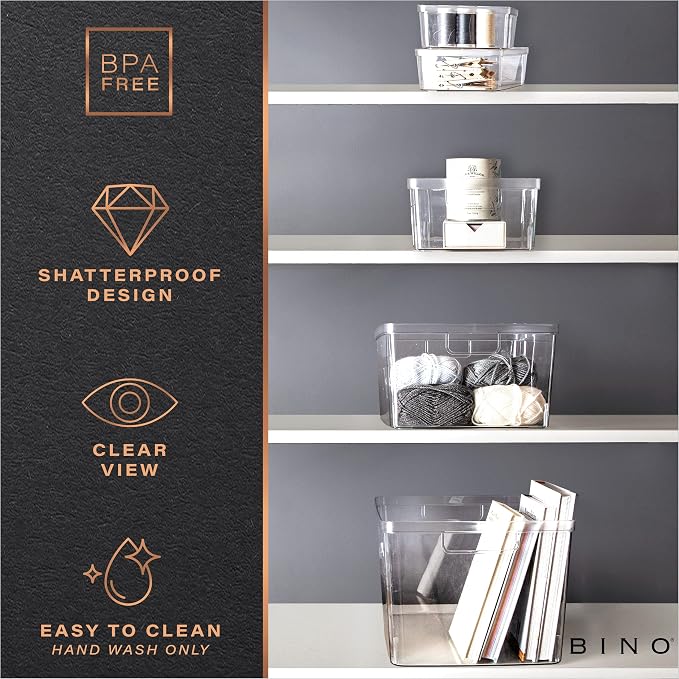 BINO | Plastic Storage Bins, Medium - 6 Pack | THE LUCID COLLECTION | Multi-Use Built-In Handles | BPA-Free | Clear Storage Containers | Fridge Organizer | Pantry & Home Organization