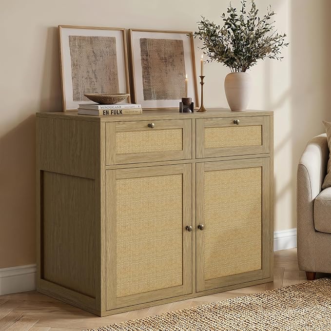PureCozy Wooden Side Cabinet for Dog Crate Furniture, 40 Inch, Light Oak | Complementary storage unit with cane doors and 2 drawers; pairs with PureCozy dog crate furniture for indoor use.